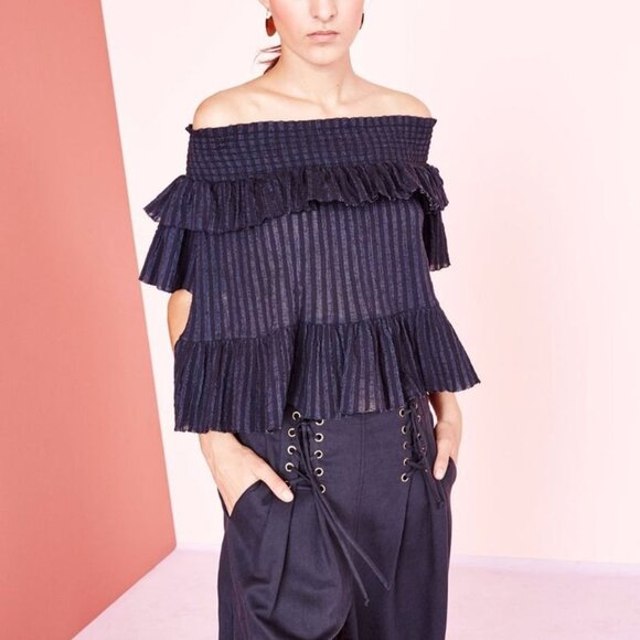 Ulla Johnson Kasia Navy Blue Smocked Off-the-Shoulder Tiered Ruffle Top - Picture 6 of 6